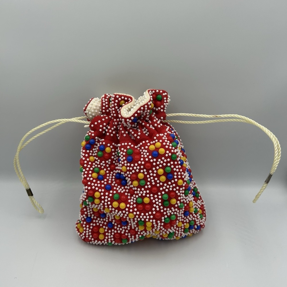 Vintage 60s 70s‎ Black Sling Candy Dot Purse Drawstring Beaded Sack Bag Hippie